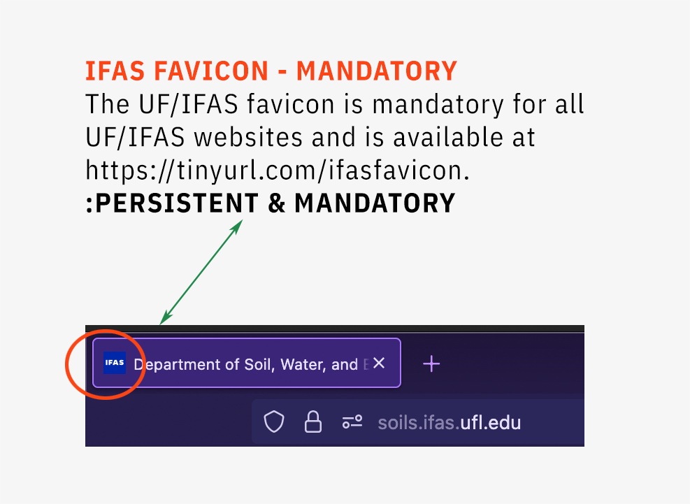 The UF/IFAS favicon is mandatory for all UF/IFAS websites and is available at https://tinyurl.com/ifasfavicon